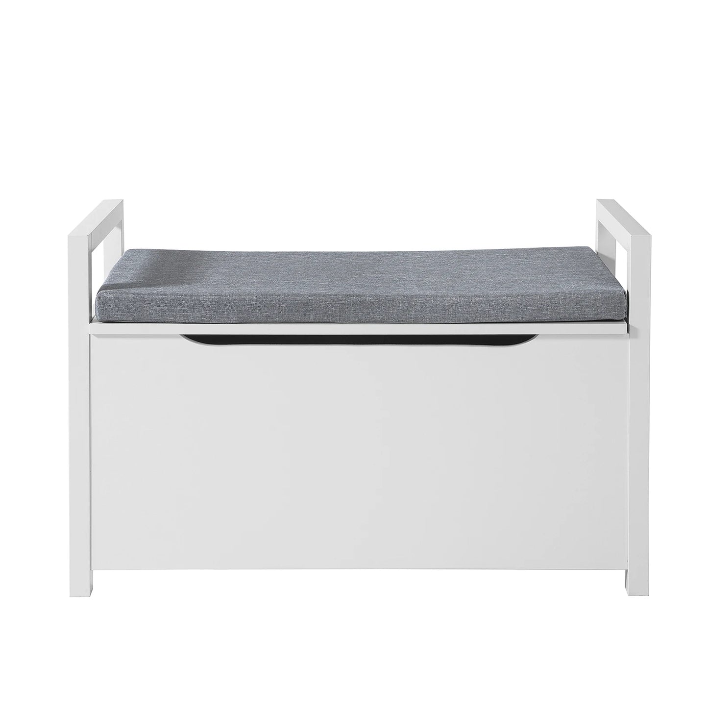 Banc Coffre d’Entrée Scandinave Blanc | Coussin Gris et Rangement Discret