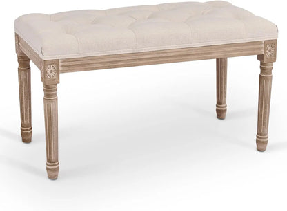 Banc d’Entrée Ottoman de Prestige Beige | Bois Sculpté et Lin Capitonné