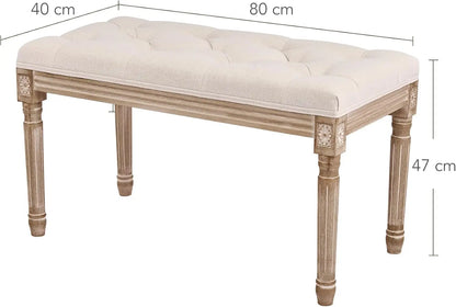 Banc d’Entrée Ottoman de Prestige Beige | Bois Sculpté et Lin Capitonné