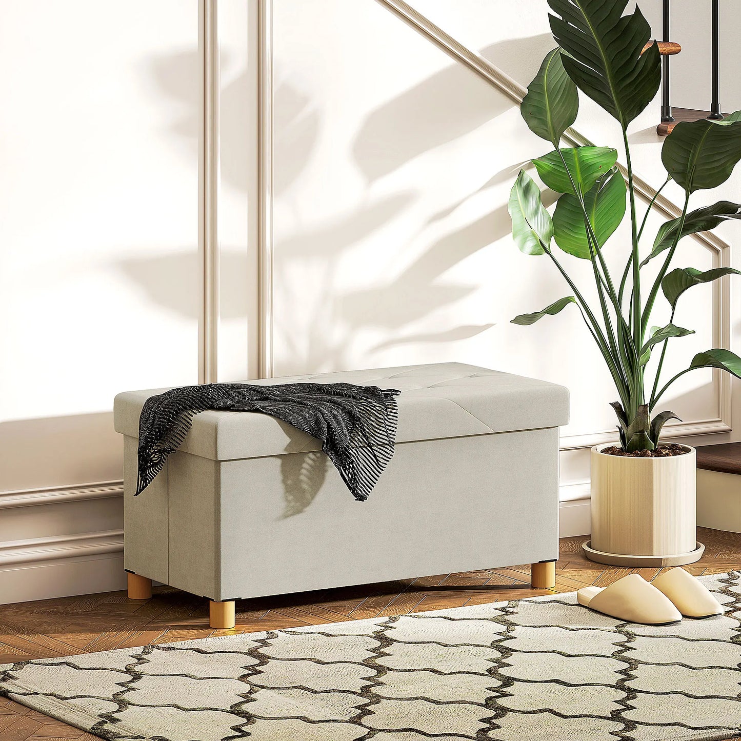 Banc Coffre de Rangement Pliable | Velours Crème et Design Scandinave Élégant