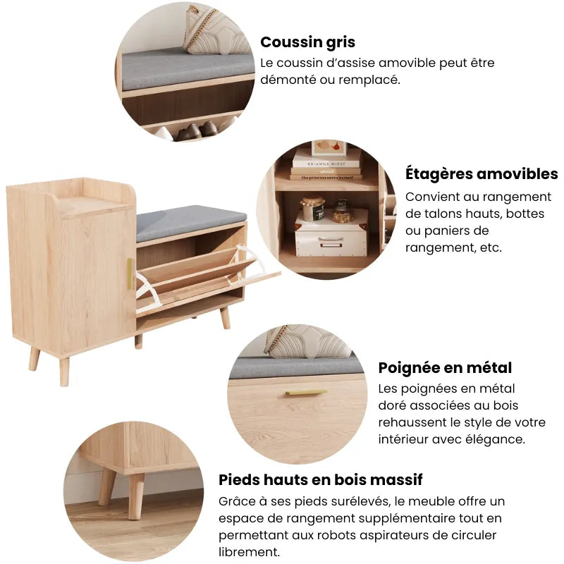 Banc à chaussures 2 en 1 avec assise confortable, style scandinave moderne, bois clair et design épuré.