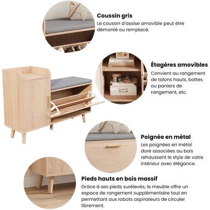 Banc à chaussures 2 en 1 avec assise confortable, style scandinave moderne, bois clair et design épuré.