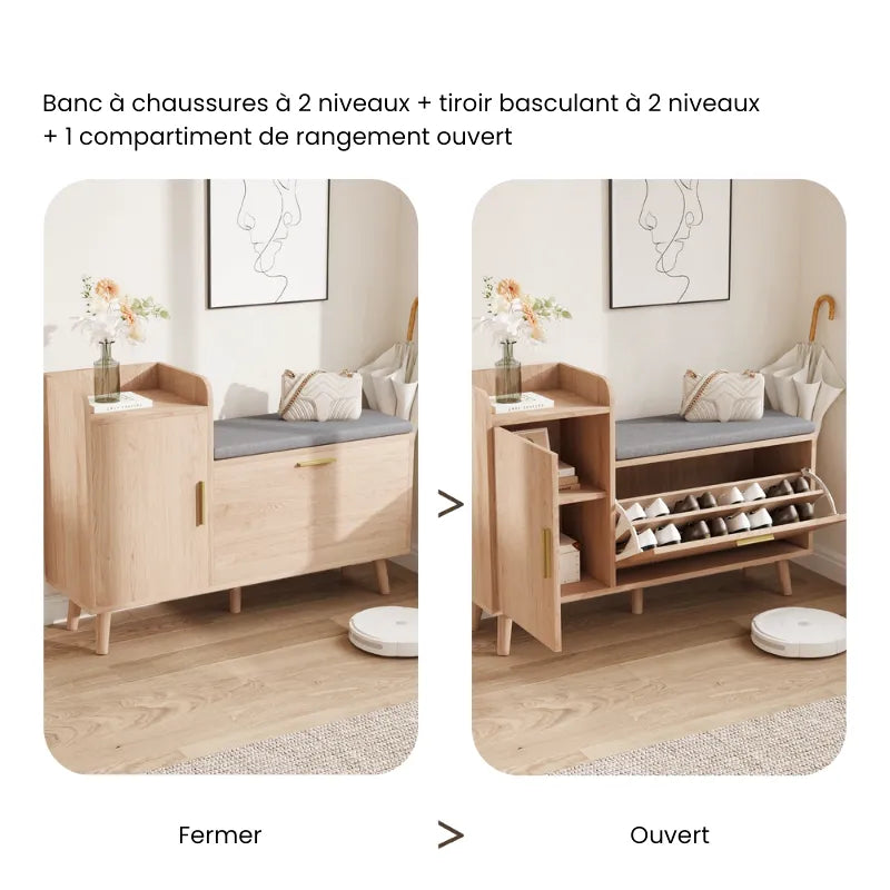 Banc à chaussures 2 en 1 avec assise confortable, style scandinave moderne, en bois clair pour entrée ou séjour.