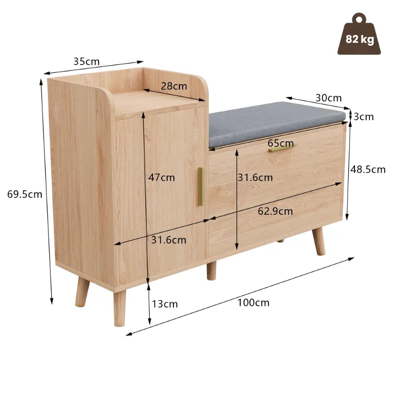 Banc à chaussures 2 en 1 avec assise confortable, style scandinave et moderne, en bois clair et finition élégante.