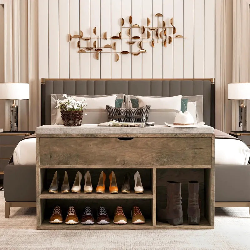 Banc à chaussures Maison Banc avec coussin, design compact en marron, offrant des rangements astucieux pour chaussures.