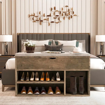 Banc à chaussures Maison Banc avec coussin, design compact en marron, offrant des rangements astucieux pour chaussures.