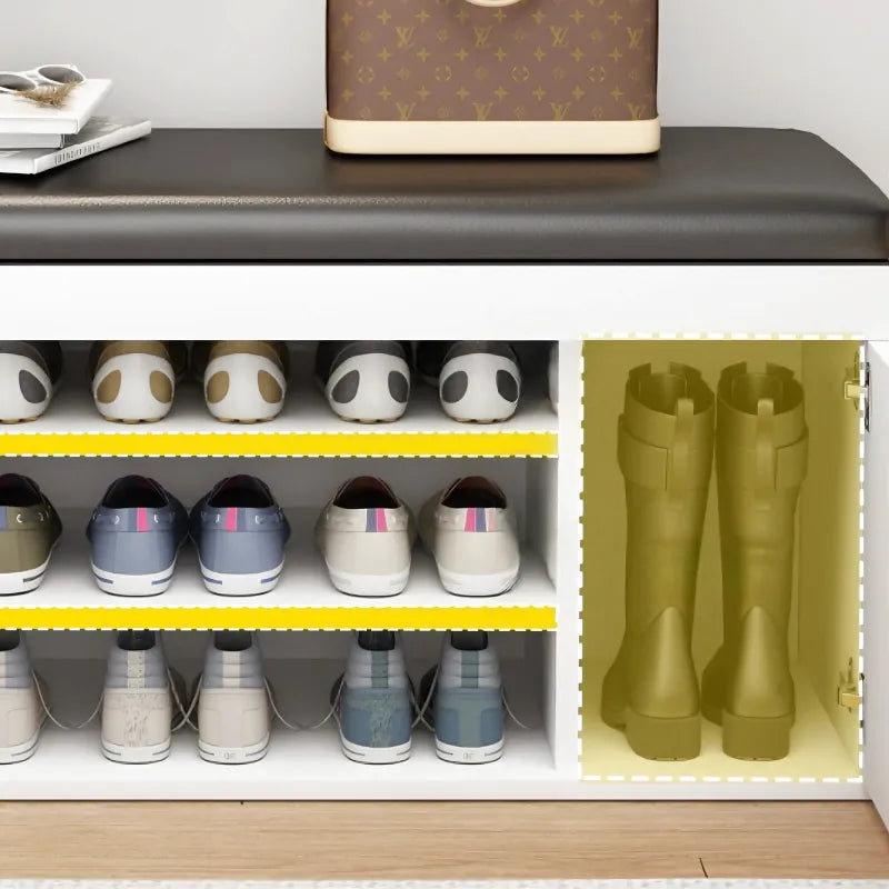 Banc à chaussures Maison Banc avec rangement en similicuir noir et bois, design élégant pour entrée ou dressing.