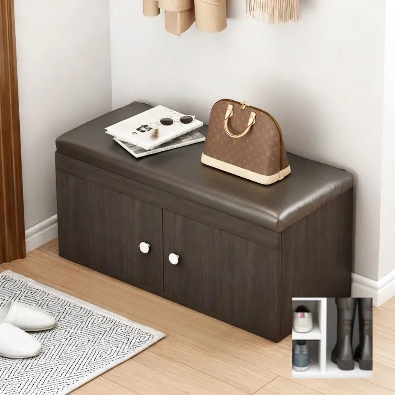 Banc à chaussures Maison Banc avec rangement, design élégant en similicuir noir et bois, idéal pour l'entrée.