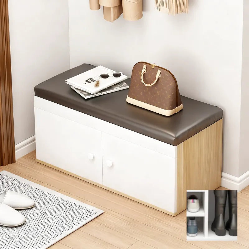 Banc à chaussures Maison Banc avec rangement, design élégant en similicuir noir, blanc ou marron, structure en bois.
