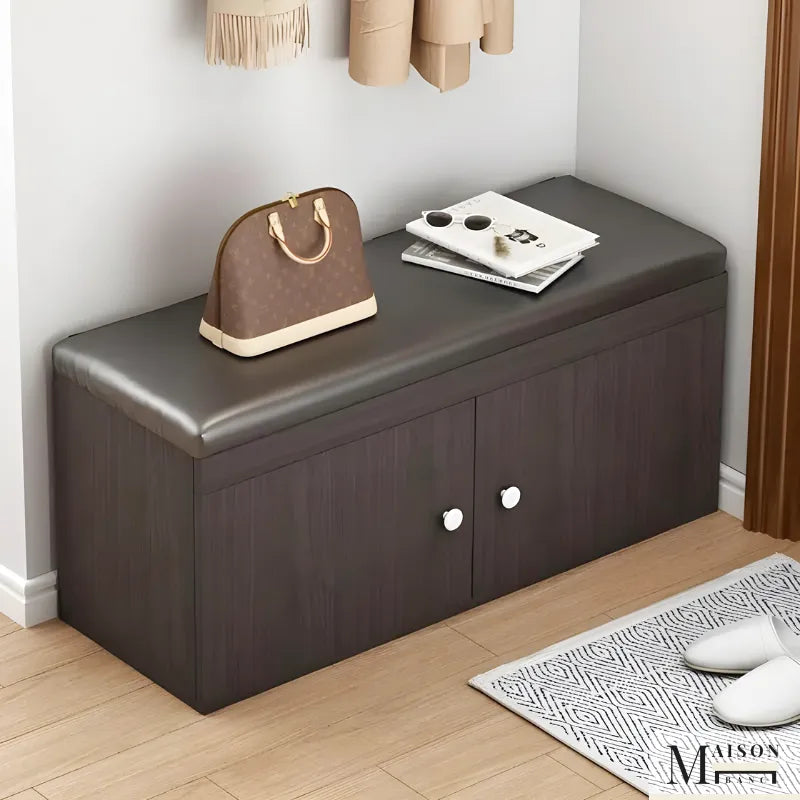Banc à chaussures Maison Banc avec rangement, design élégant en similicuir noir et bois, idéal pour l'entrée.