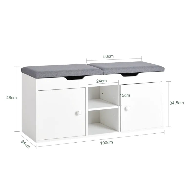 Banc à chaussures blanc avec rangement intégré, design nordique et assise coussinée, par Maison Banc.