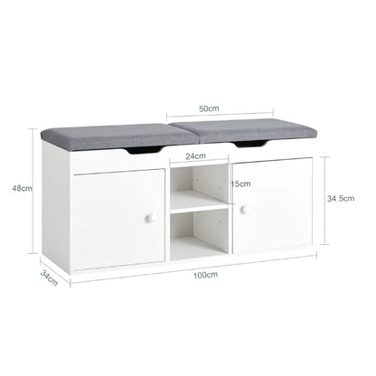 Banc à chaussures blanc avec rangement intégré, design nordique et assise coussinée, par Maison Banc.