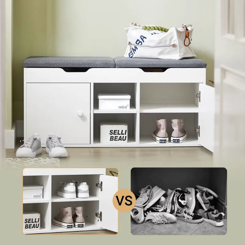 Banc à chaussures blanc avec rangement intégré, design nordique et assise coussinée, idéal pour l'entrée ou le couloir.