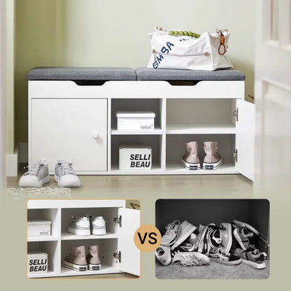 Banc à chaussures blanc avec rangement intégré, design nordique et assise coussinée, idéal pour l'entrée ou le couloir.