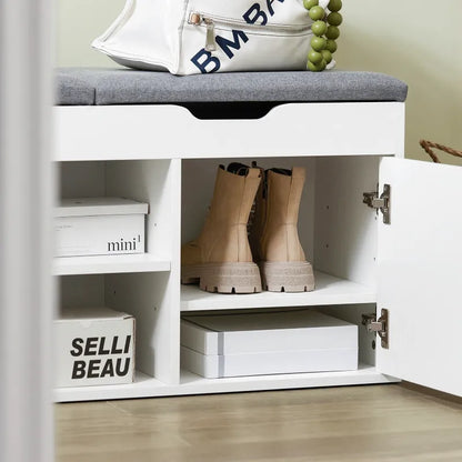 Banc à chaussures Maison Banc avec rangement intégré, design nordique, assise coussinée blanche et look moderne.