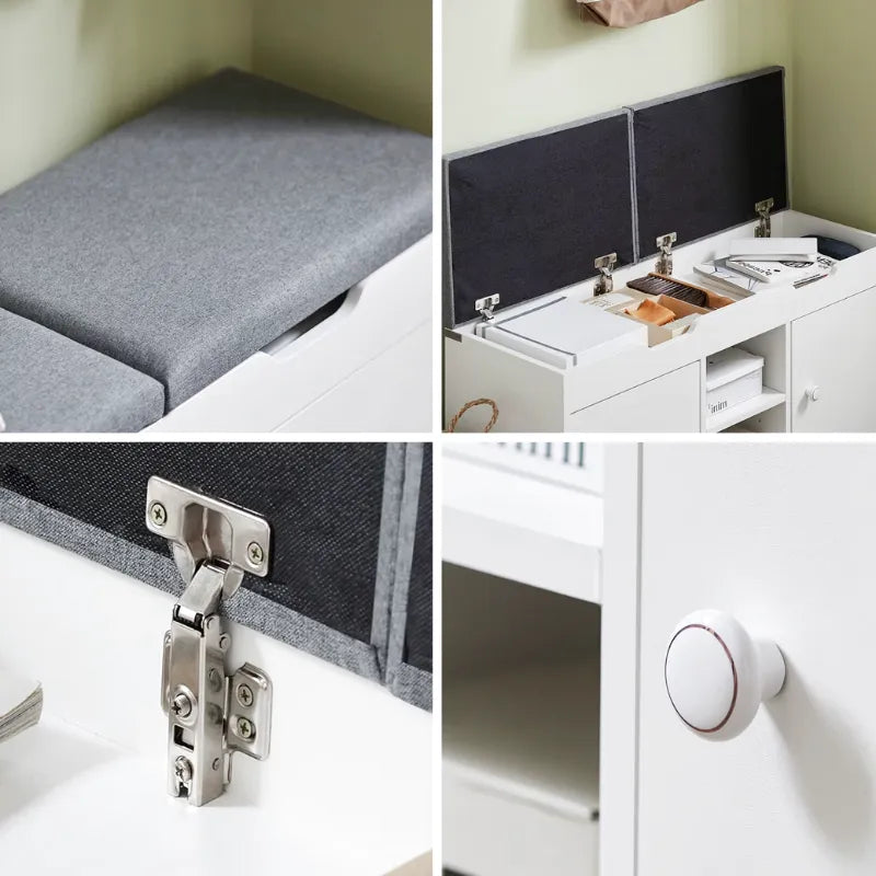 Banc à chaussures blanc avec rangement intégré et assise coussinée, design nordique par Maison Banc, idéal pour l'entrée.