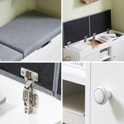 Banc à chaussures blanc avec rangement intégré et assise coussinée, design nordique par Maison Banc, idéal pour l'entrée.