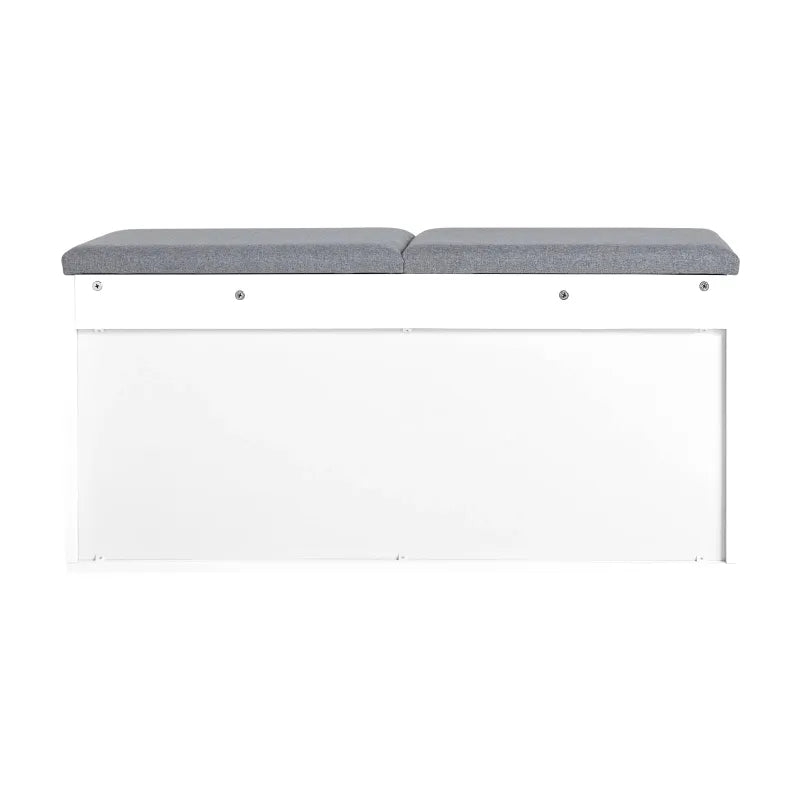Banc à chaussures blanc avec rangement intégré, design nordique et assise coussinée, idéal pour l'entrée ou le couloir.
