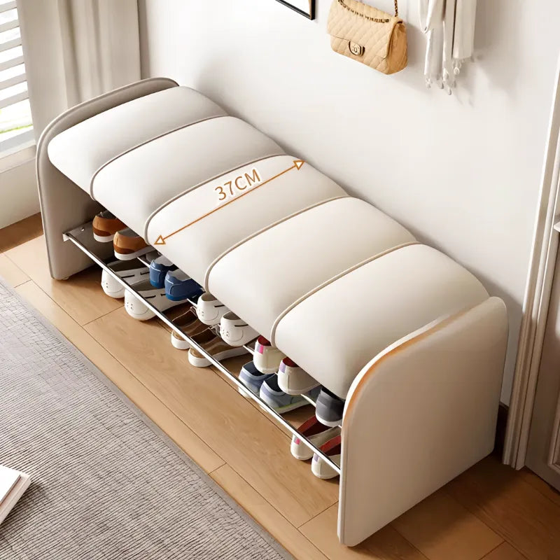Banc à chaussures moderne blanc avec assise confortable, design épuré, longueur de 100 cm, par Maison Banc.