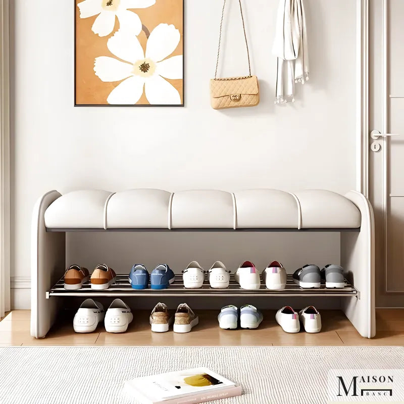 Banc à chaussures moderne blanc de 100 cm avec assise confortable, design élégant de la marque Maison Banc.