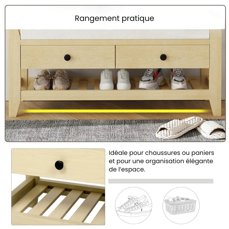 Banc à chaussures design nordique avec assise confortable et espace de rangement caché, en bois clair et finition moderne.