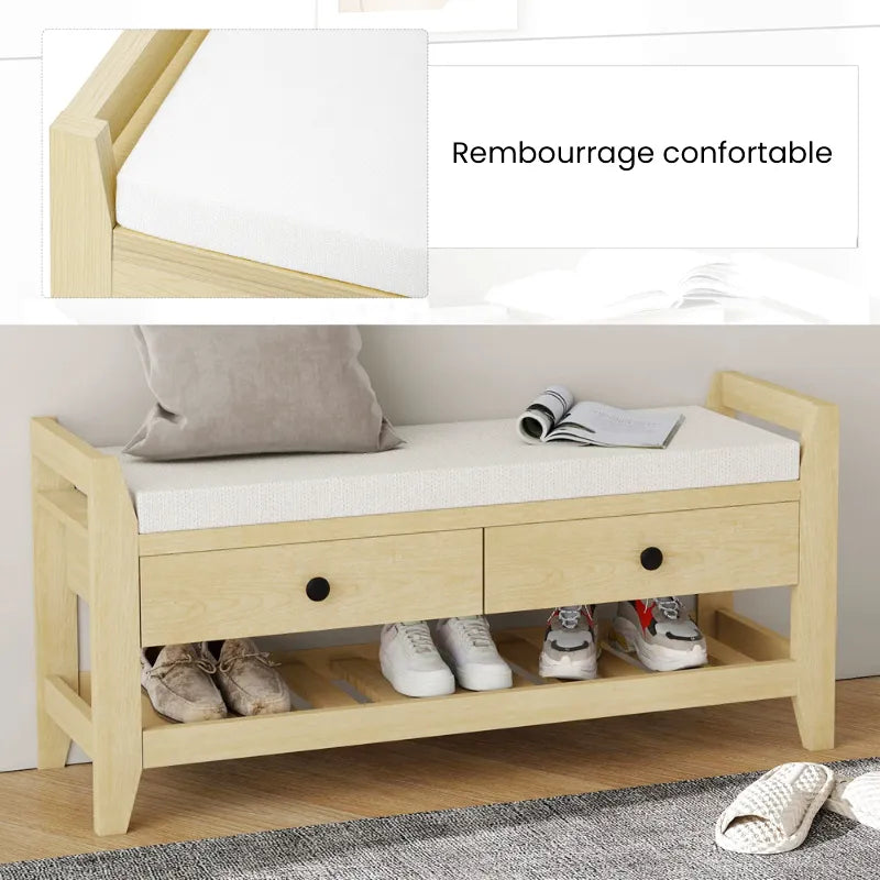 Banc à chaussures design nordique Maison Banc avec assise confortable et espace de rangement caché pour chaussures.