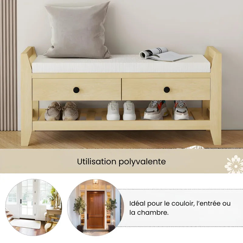 Banc à chaussures design nordique en bois avec assise confortable et espace de rangement caché, parfait pour l'entrée.
