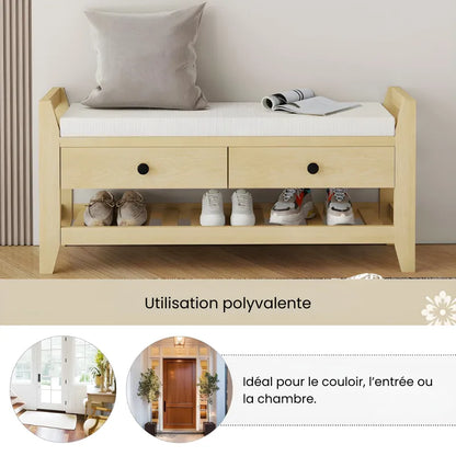 Banc à chaussures design nordique en bois avec assise confortable et espace de rangement caché, parfait pour l'entrée.