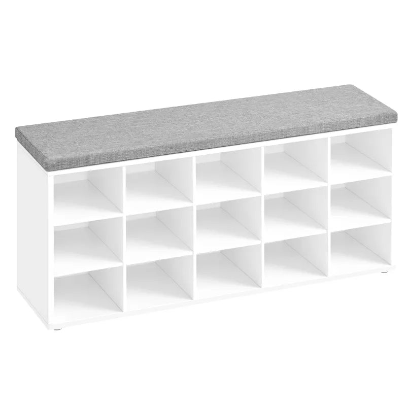 Banc à chaussures design rustique avec coussin blanc et 15 compartiments de rangement, par Maison Banc.
