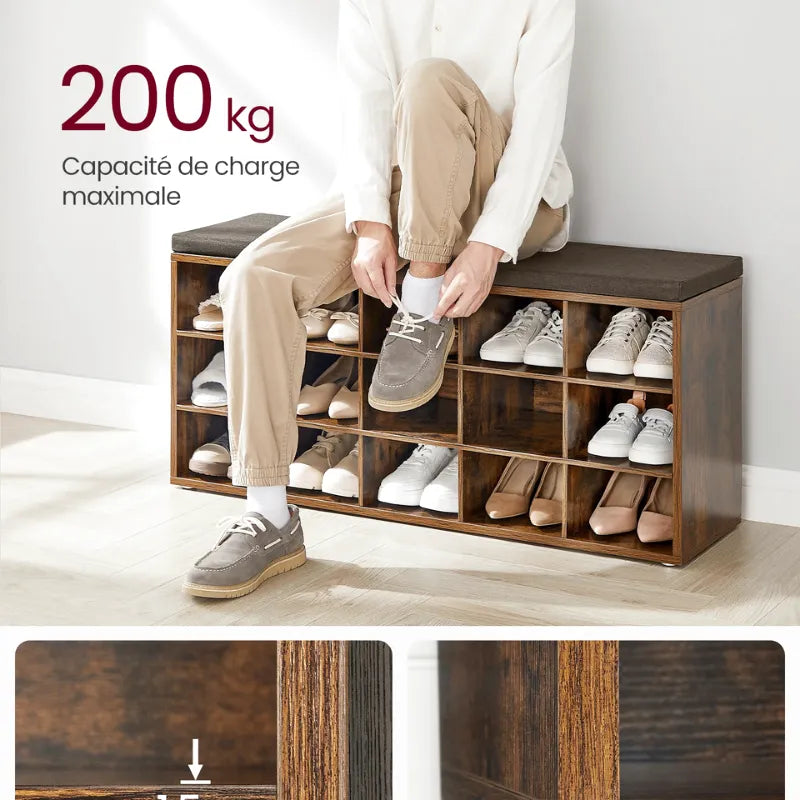 Banc à chaussures design rustique avec coussin marron, rangement 15 compartiments, meuble décoratif Maison Banc.