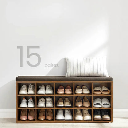 Banquette à chaussures design rustique avec coussin et 15 compartiments de rangement, en bois marron clair, style décoratif.