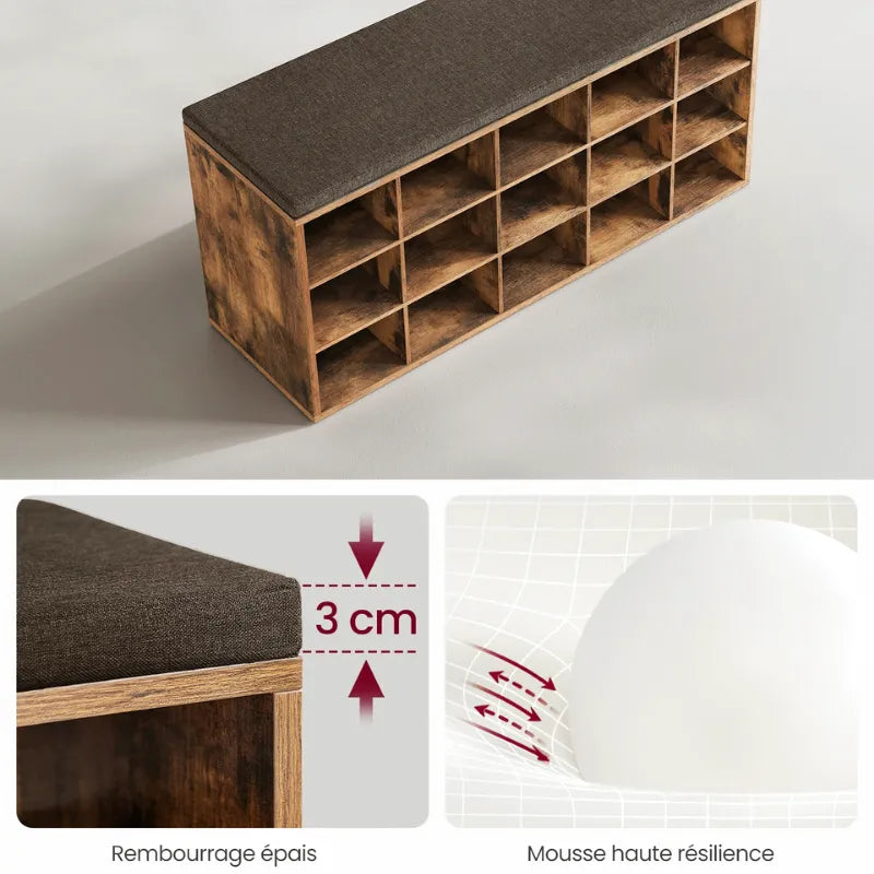 Banc à chaussures rustique avec coussin et 15 compartiments, design décoratif en bois marron, idéal pour rangement.