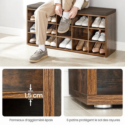 Banc à chaussures design rustique avec coussin, rangement 15 compartiments, en bois marron pour entrée ou salon.