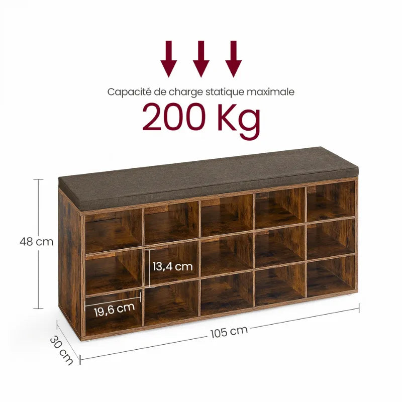 Banc à chaussures Maison Banc en bois rustique avec coussin, rangement pratique de 15 compartiments pour chaussures et accessoires.