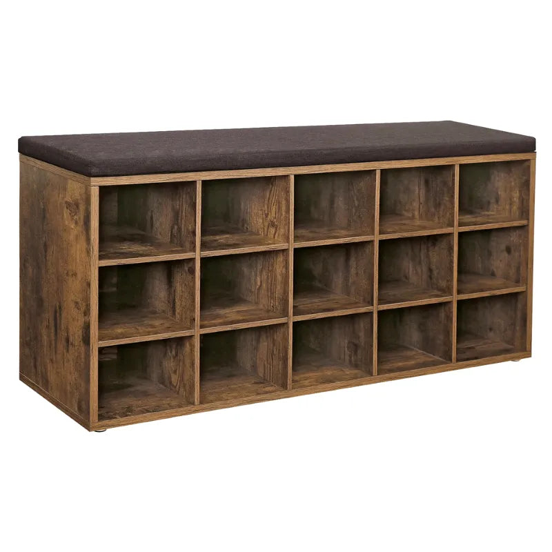 Banc à chaussures design rustique avec coussin et 15 compartiments de rangement, en bois marron, style décoratif Maison Banc.