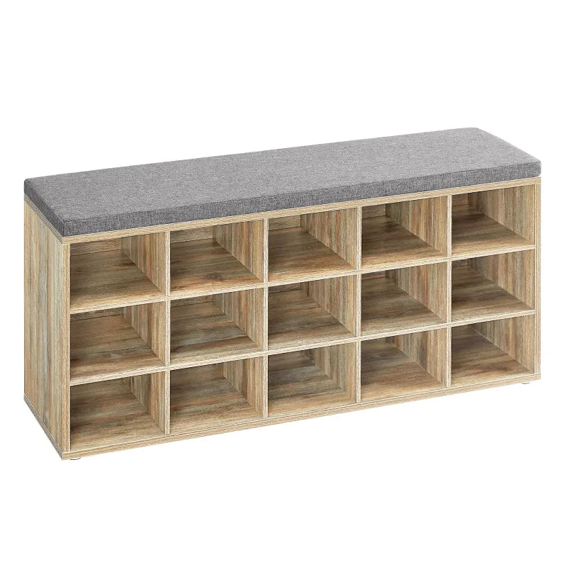 Banc à chaussures design scandinave Maison Banc avec assise rembourrée et 9 compartiments en chêne et gris.
