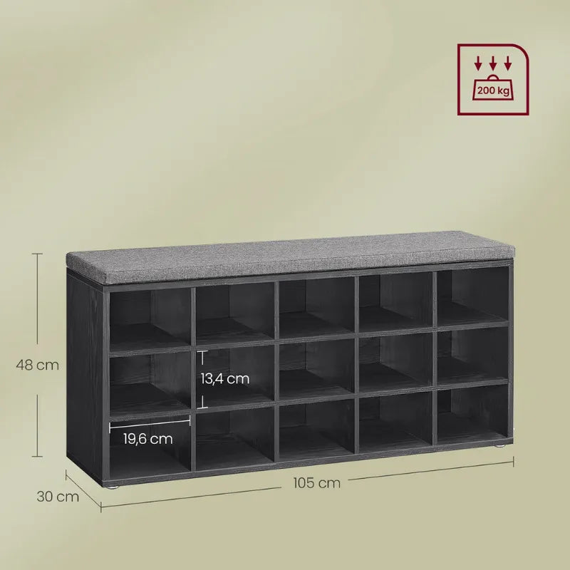 Banc à chaussures design scandinave Maison Banc avec assise rembourrée noir et gris, 9 compartiments de rangement.