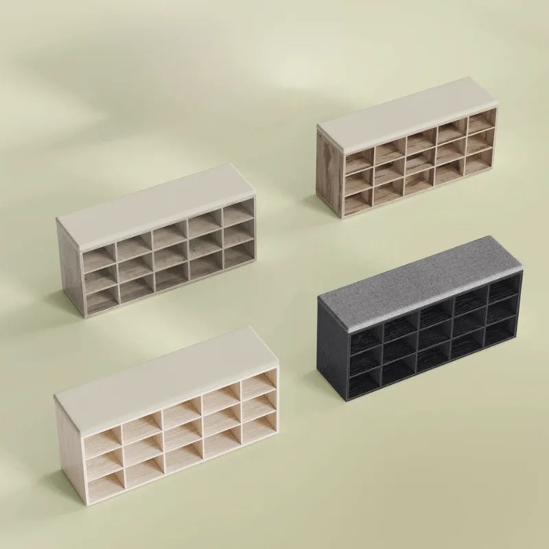 Banc à chaussures design scandinave Maison Banc avec assise rembourrée, 9 compartiments, noir et gris, style moderne.
