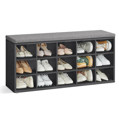 Banc à chaussures design scandinave avec assise rembourrée, 9 compartiments, en bois noir et gris, pour rangement élégant.