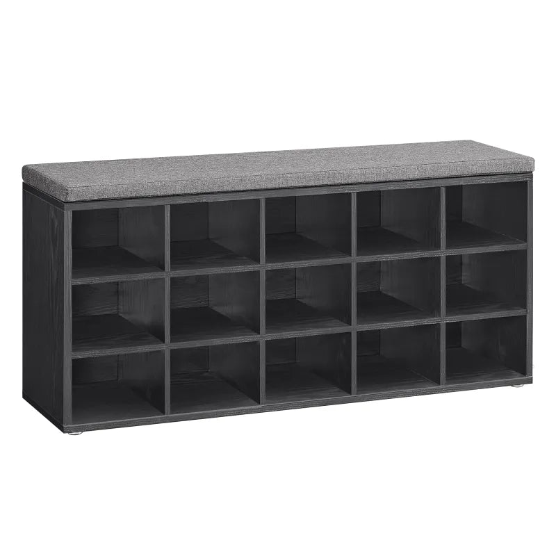 Banc à chaussures design scandinave noir et gris avec assise rembourrée et 9 compartiments pour rangement pratique.