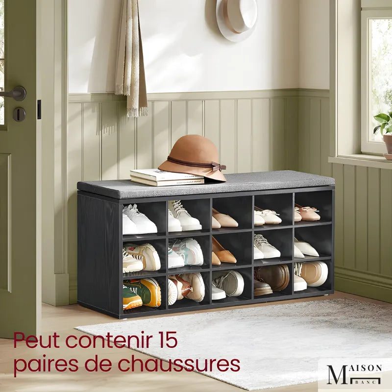 Banc à chaussures Maison Banc en bois noir et gris avec assise rembourrée et 9 compartiments de rangement.