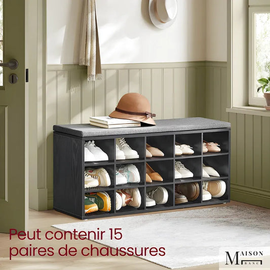 Banc à chaussures Maison Banc en bois noir et gris avec assise rembourrée et 9 compartiments de rangement.