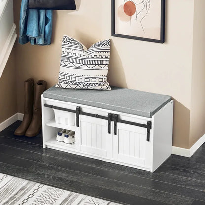 Banc à chaussures design scandinave blanc avec assise confortable et rangement coulissant pour chaussures.