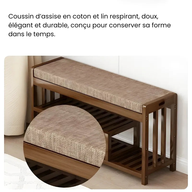 Banc à chaussures en bois massif minimaliste de Maison Banc, design scandinave, idéal pour rangement élégant et pratique.