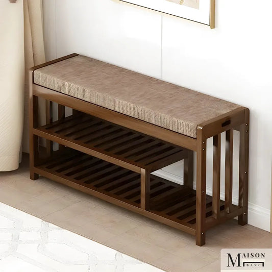 Banc à chaussures en bois massif minimaliste de Maison Banc, rangement design scandinave, avec surface lisse et pieds épurés.