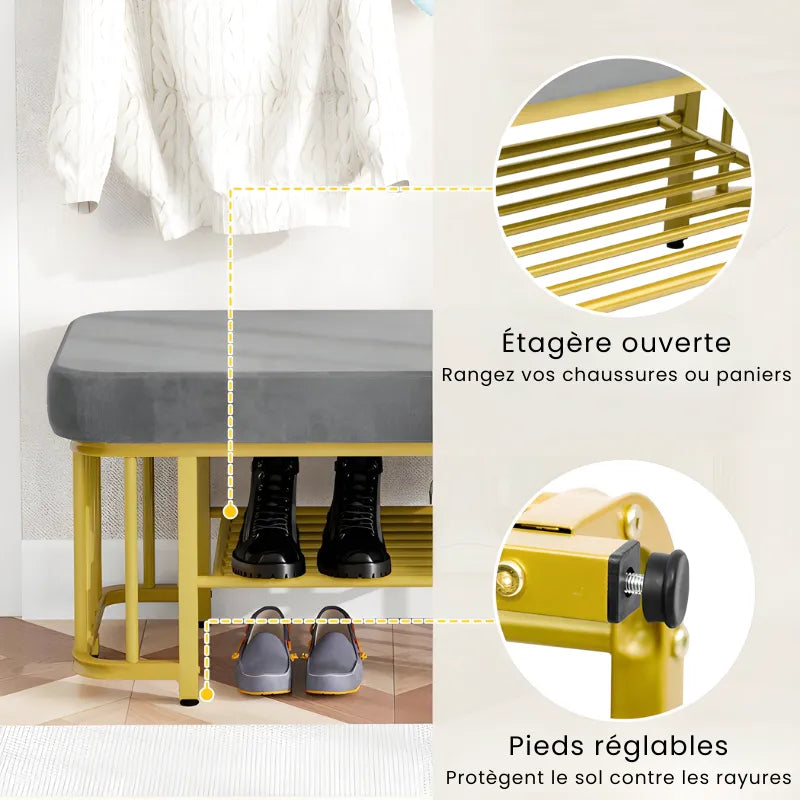 Banc à chaussures gris en velours avec assise confortable et design moderne, parfait pour l'entrée ou le dressing.