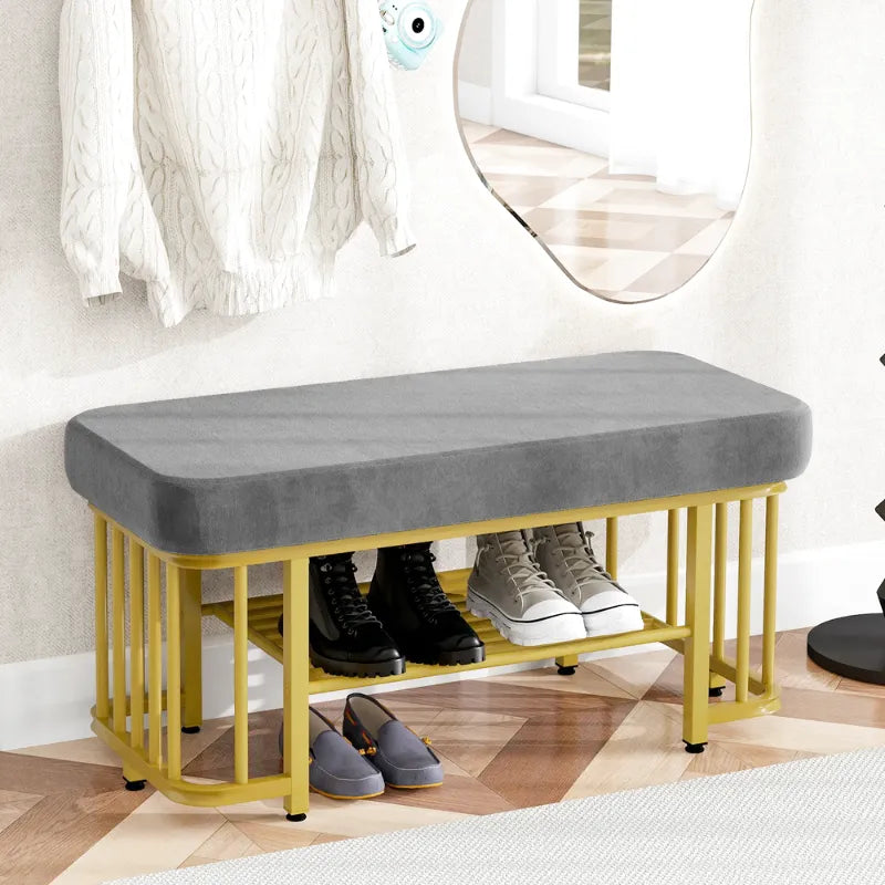 Banc à chaussures gris en velours avec assise confortable, design moderne, idéal pour l'entrée ou la chambre.