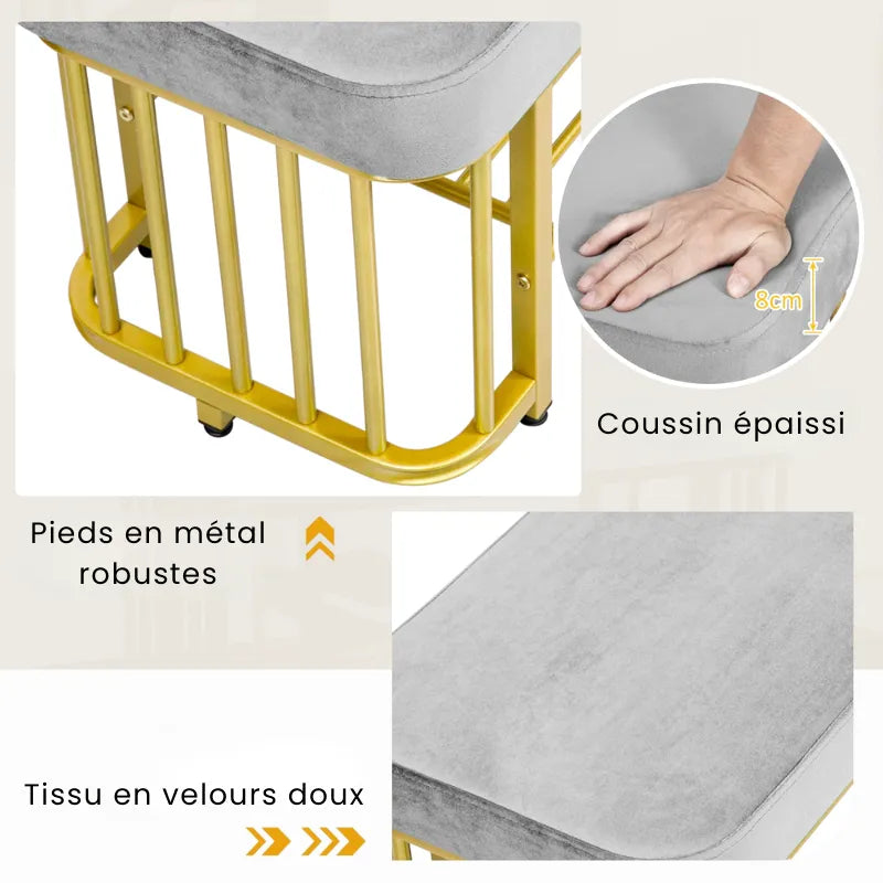 Banc à chaussures gris en velours avec assise confortable, design moderne, idéal pour l'entrée ou le dressing.