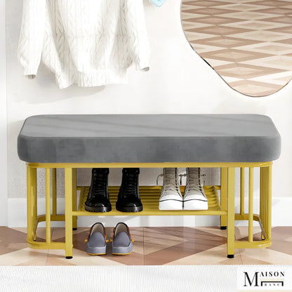 Banc à chaussures gris en velours avec assise confortable, design moderne, idéal pour l'entrée ou le dressing.