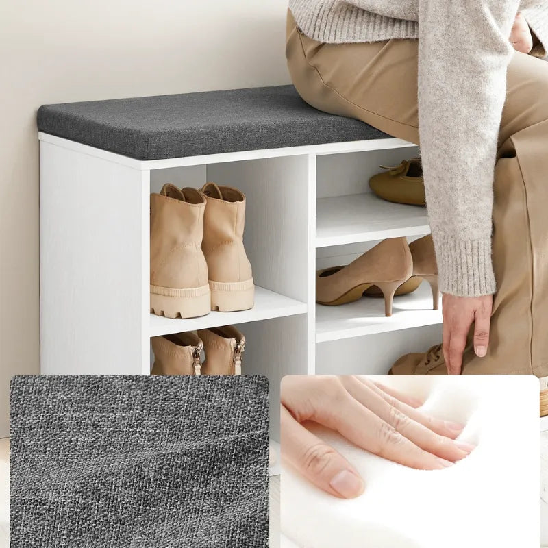 Banc à chaussures minimaliste Maison Banc avec assise rembourrée en bois naturel et gris ardoise, décoratif et moderne.